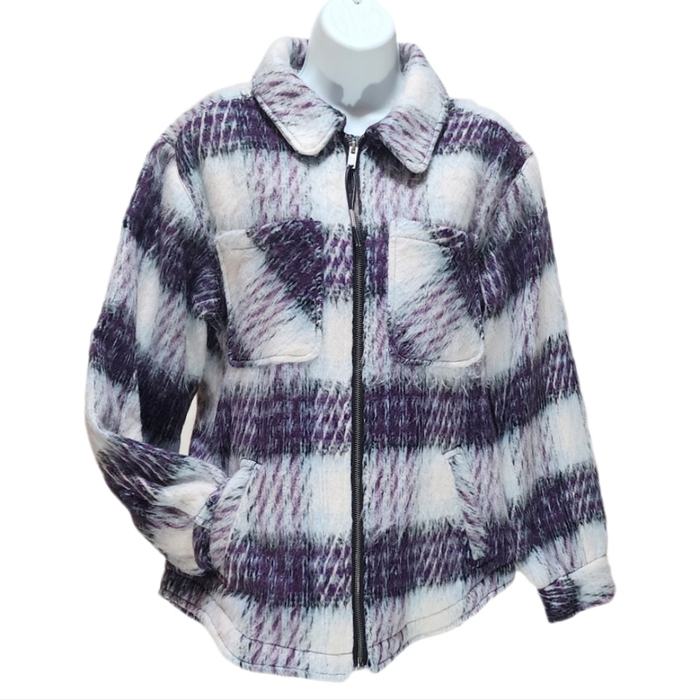 Democracy Long Sleeve Zip Front Plaid Shacket Jacket Patch Pocket Violet Sky S